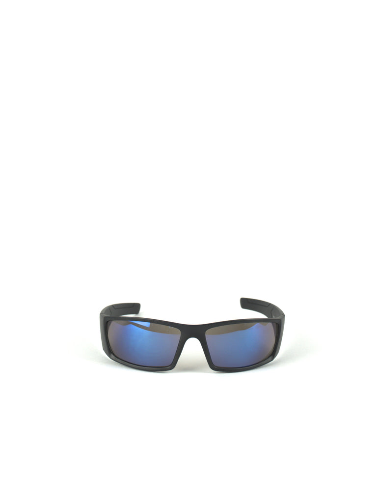 Sporty polarized Black Glassy Peet Sun Glasses with blue mirrored lenses and black frames