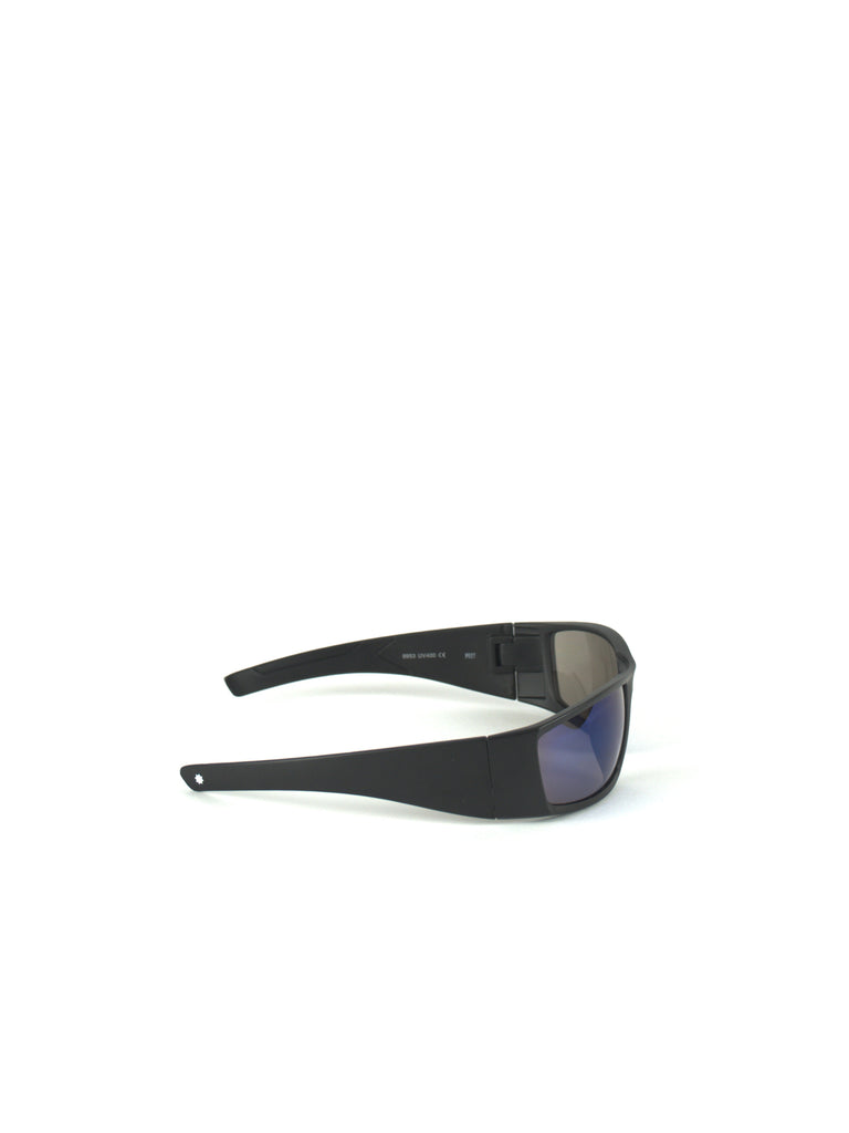 Pair of black sports sunglasses with blue-tinted lenses.