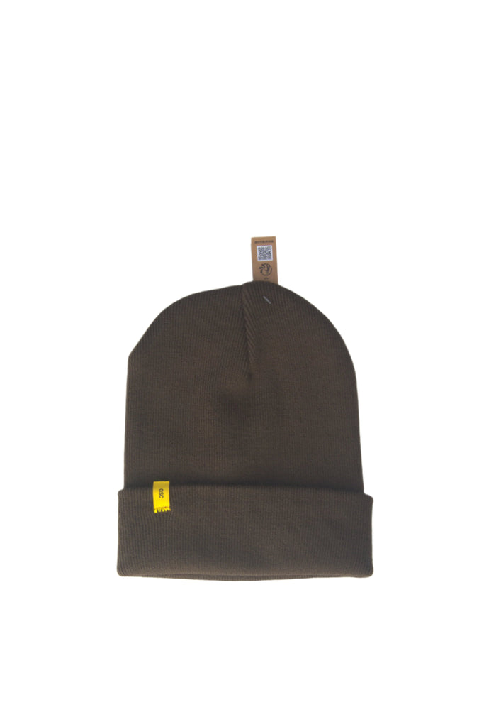 Dark brown knit beanie with a small tag.