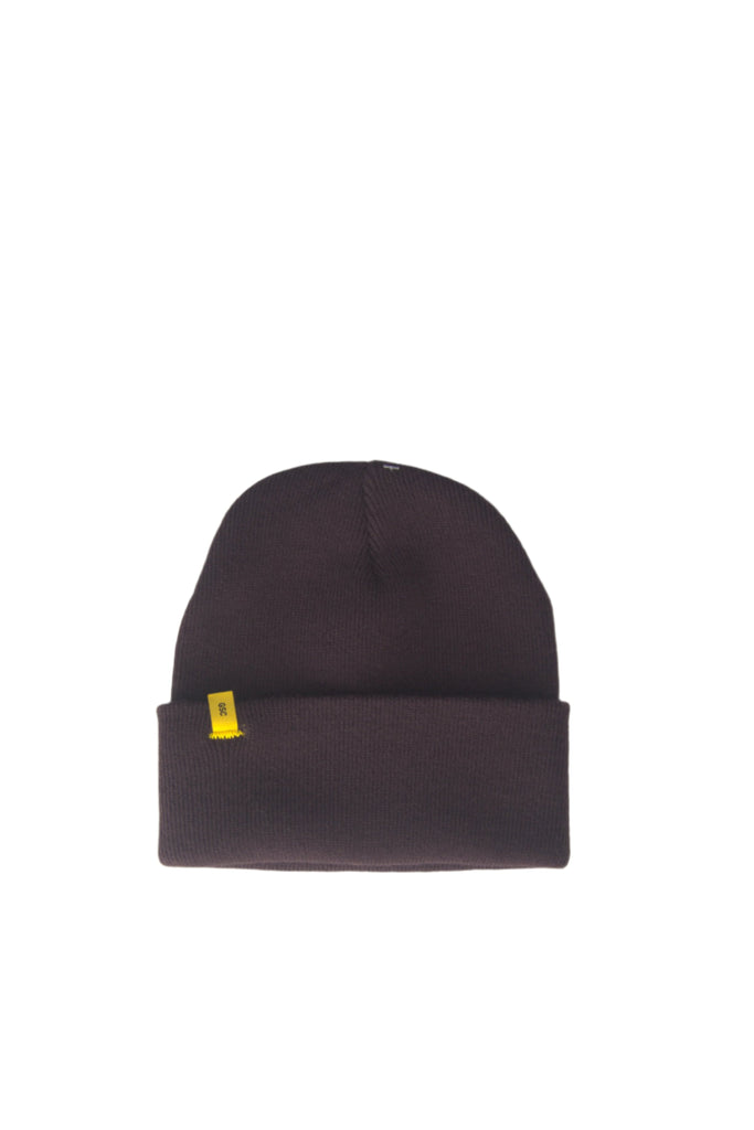 Dark gray knit beanie with a small yellow tag.