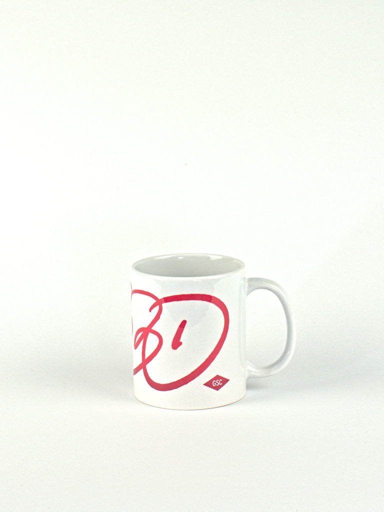 White Grind Supply ceramic coffee mug featuring a red Dub Logo design