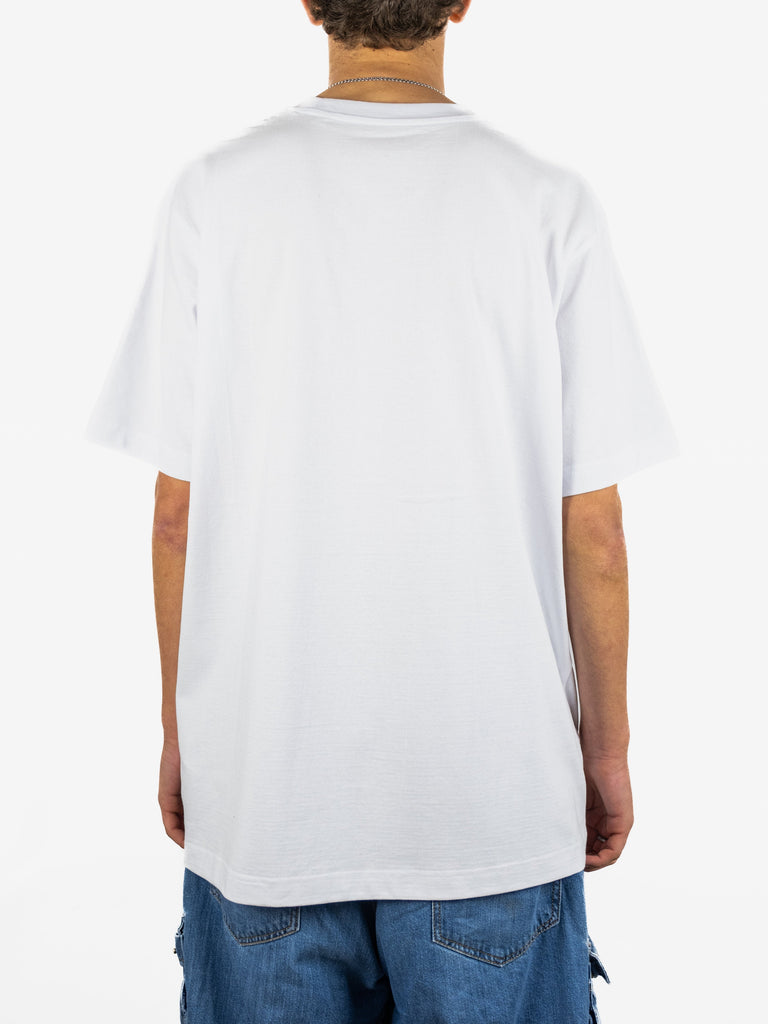 White t-shirt shown from the back on a person wearing blue jeans.