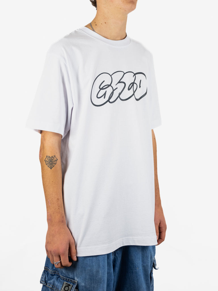 White t-shirt with ’GBD’ printed in a graffiti-style font on the front.