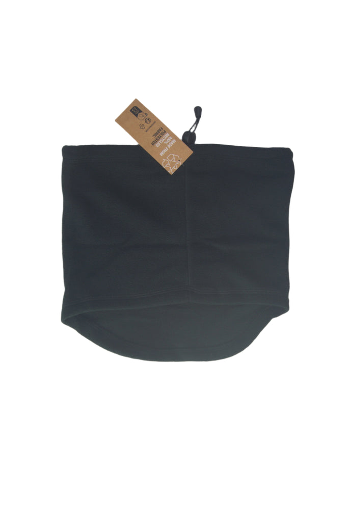 Black neck gaiter with a brown tag attached.