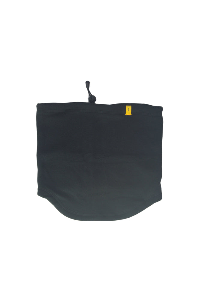 Black neck gaiter with a drawstring toggle.