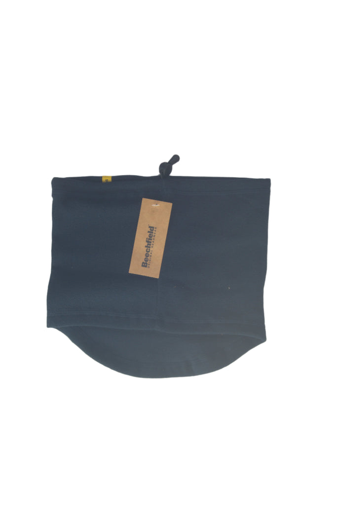 Navy blue neck gaiter with a brown paper tag attached.