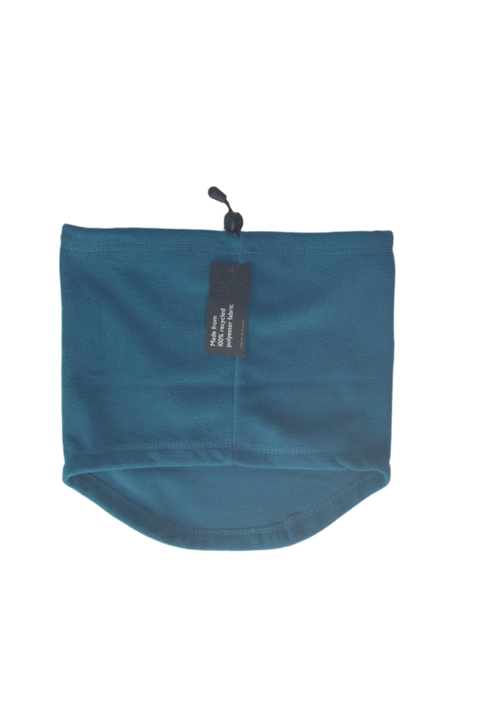 Teal blue drawstring storage bag with a black tag attached.