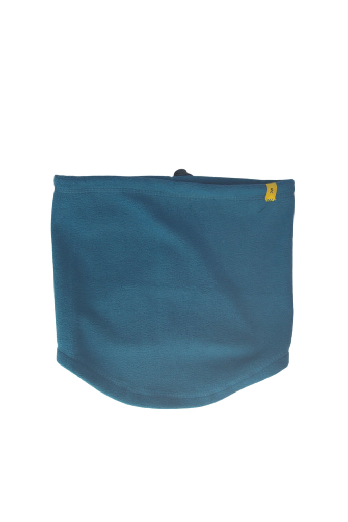 Teal blue neck gaiter with a small yellow tag.