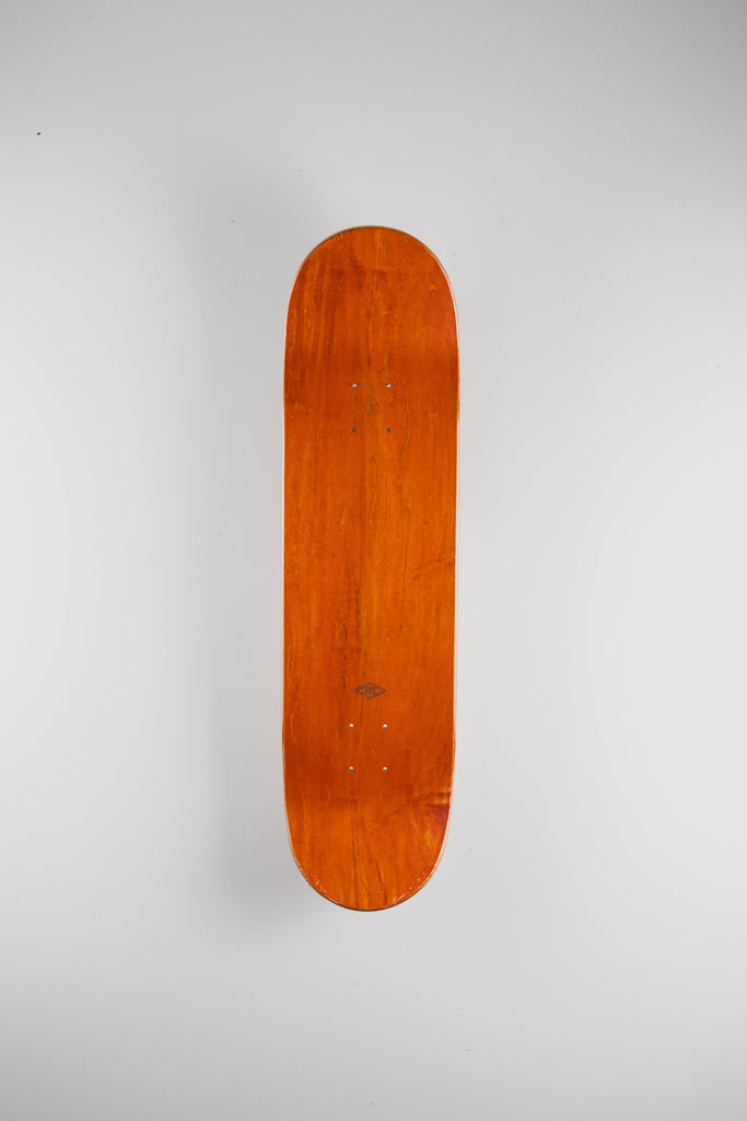 Orange skateboard deck with a minimalist design.