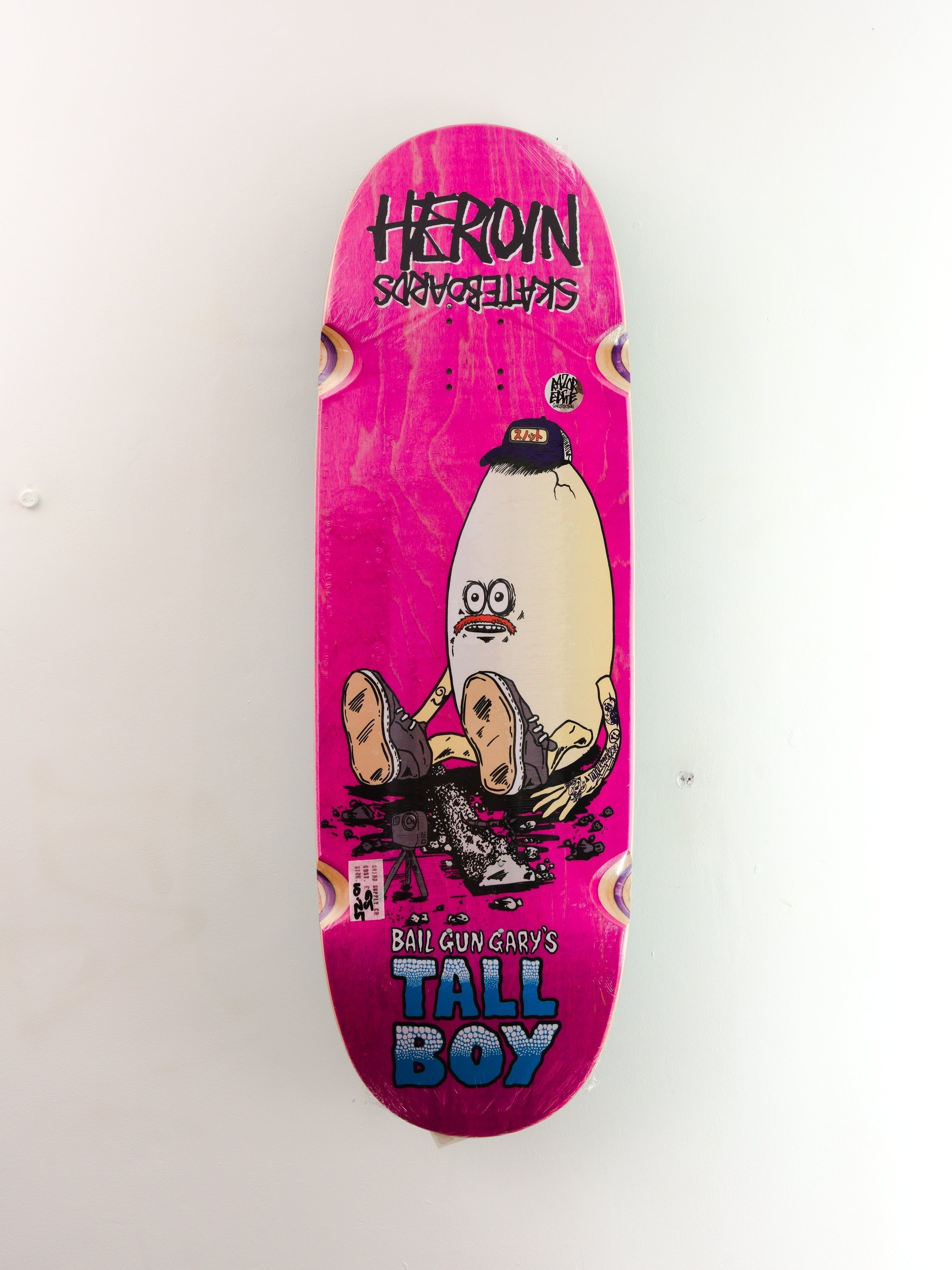 Heroin skateboards - ’bail gun gary’s tall boy’ egg shaped skateboard deck - 10.25 x 33.00 14.75/ 15.25
