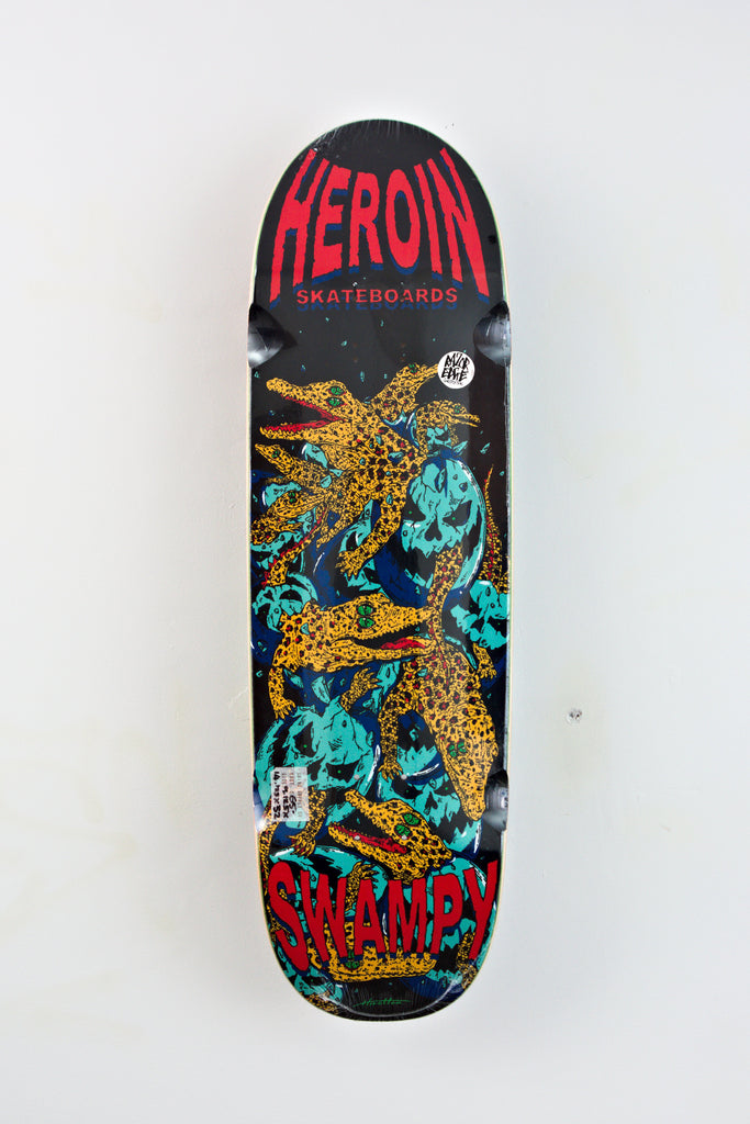 Colorful Heroin Skateboards Gators Swampy Pro Model Deck featuring leopards and skulls design