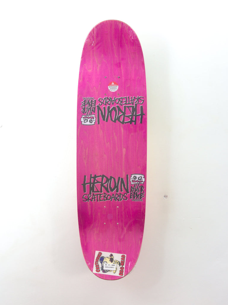 Bright pink Heroin Skateboards Symmetrical Egg Rainbow skateboard deck with unique designs