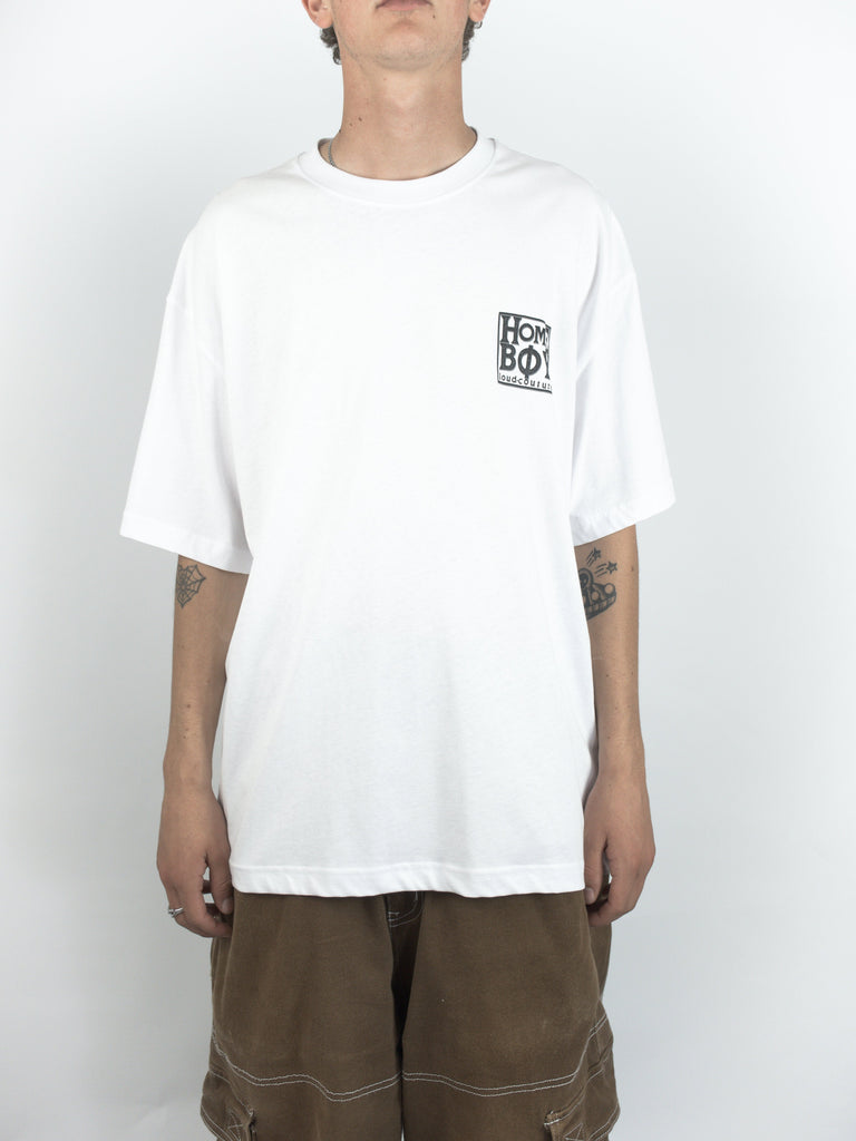 White oversized t-shirt with a small graphic logo on the chest.