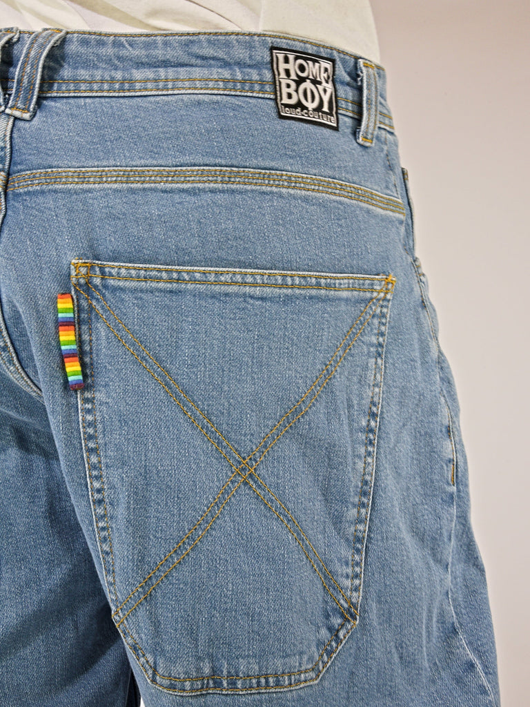 Light blue Homeboy Xtra Monster baggy denim jeans with rainbow tag detail