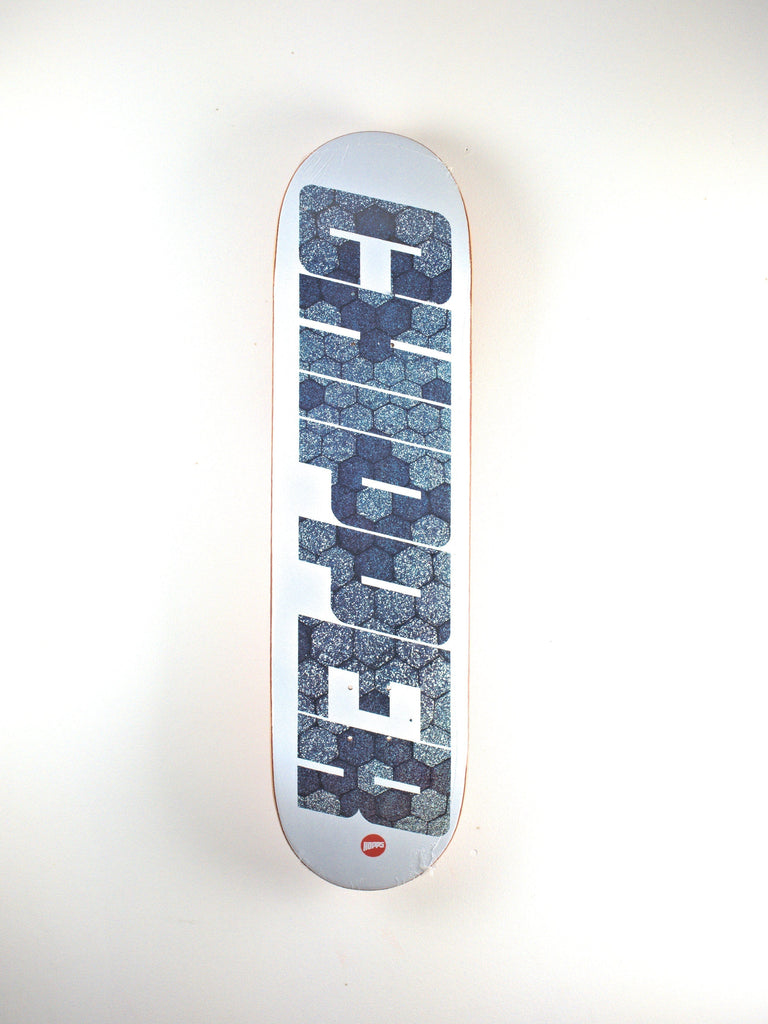 Skateboard deck featuring CHIGGER in blue on white, Mark Del Negro Pro Big Chipper model