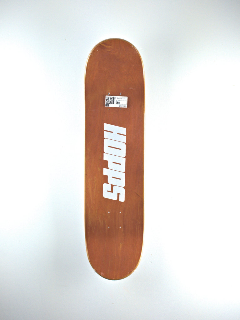 Brown skateboard deck with white ’Satori’ logo.