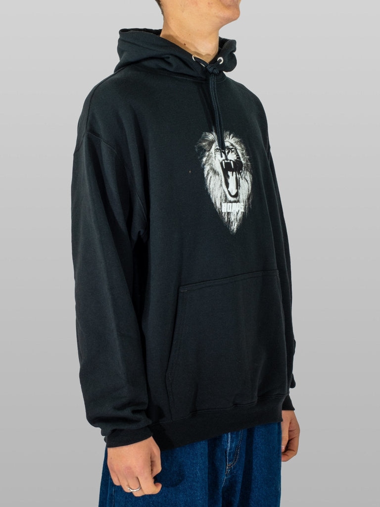 Black hoodie featuring a roaring lion graphic from the Hopps Lion Hooded Sweatshirt collection