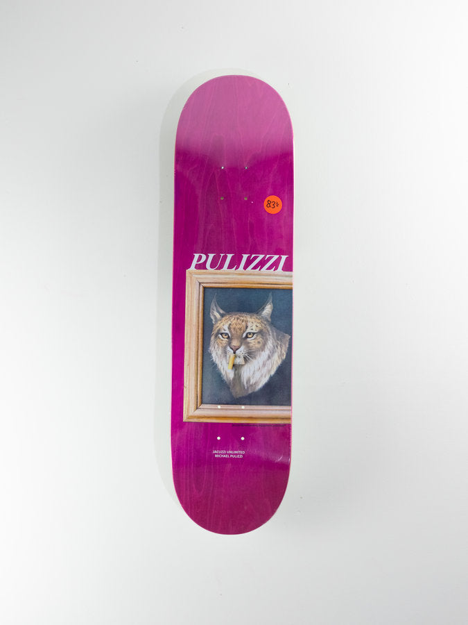 Magenta skateboard deck with lynx painting, Michael Pulizzi Ex7 Resin design