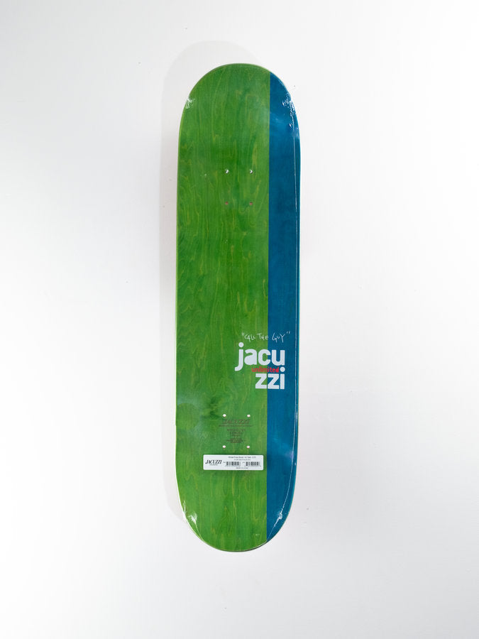 Skateboard deck featuring green and blue split design with Jacuzzi text by Michael Pulizzi