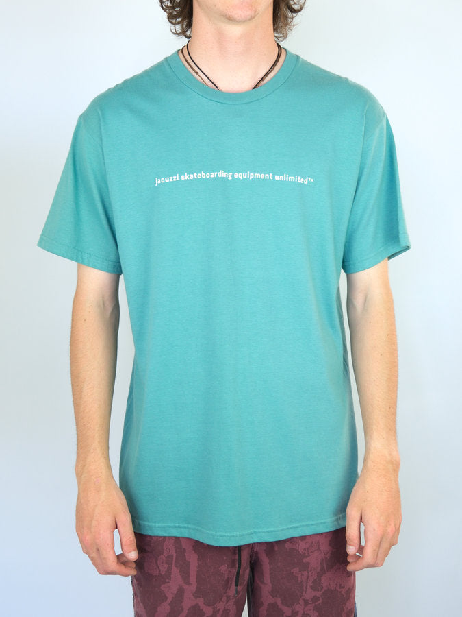 Teal t-shirt with white text across the chest.