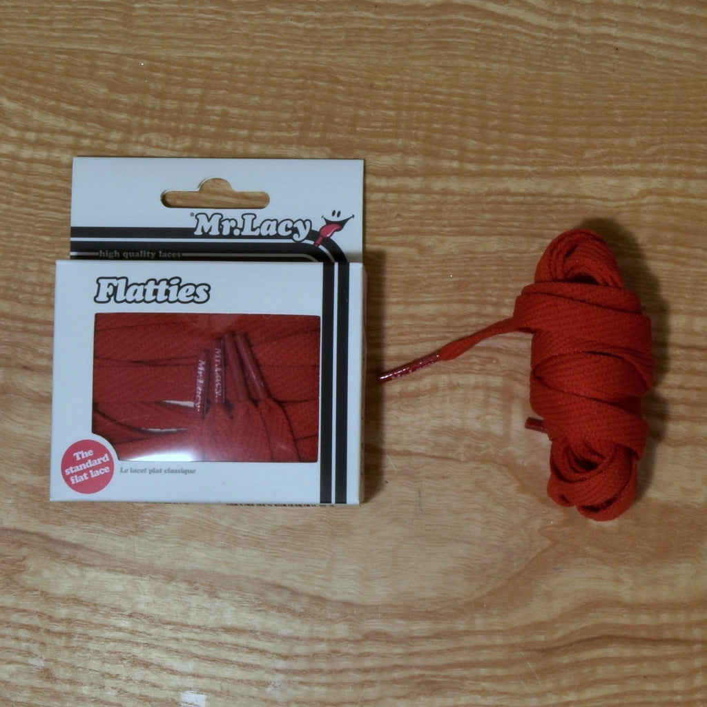 Lacy Flatties in vibrant red packaging, 130 cm shoelaces by Mr. Lacy