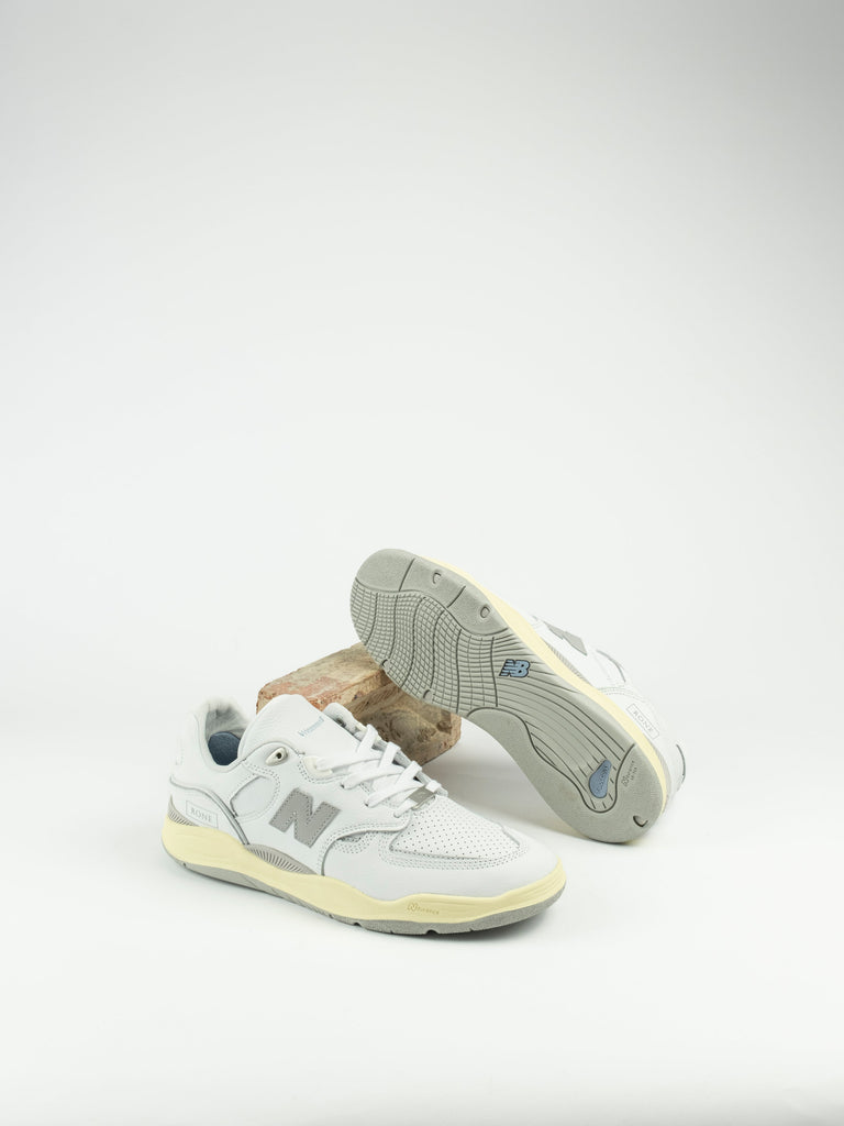 White New Balance Numeric Tiago Lemos Pro Shoe featuring a slightly yellowed sole