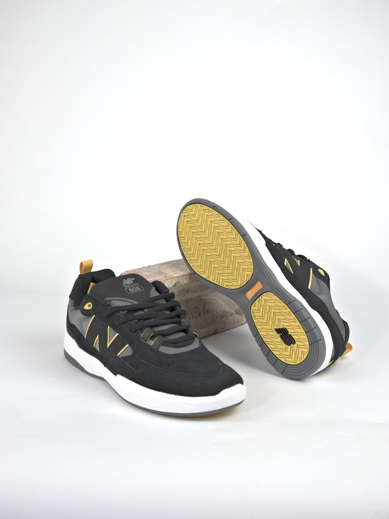 Black and yellow New Balance Numeric Tiago Lemos 808’s Pro Skate Shoe with visible soles