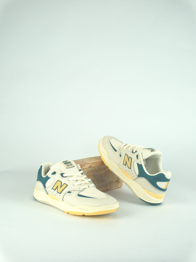 Vintage-style New Balance Numeric Tiago Lemos Pro Skate Shoe in white, teal, and yellow