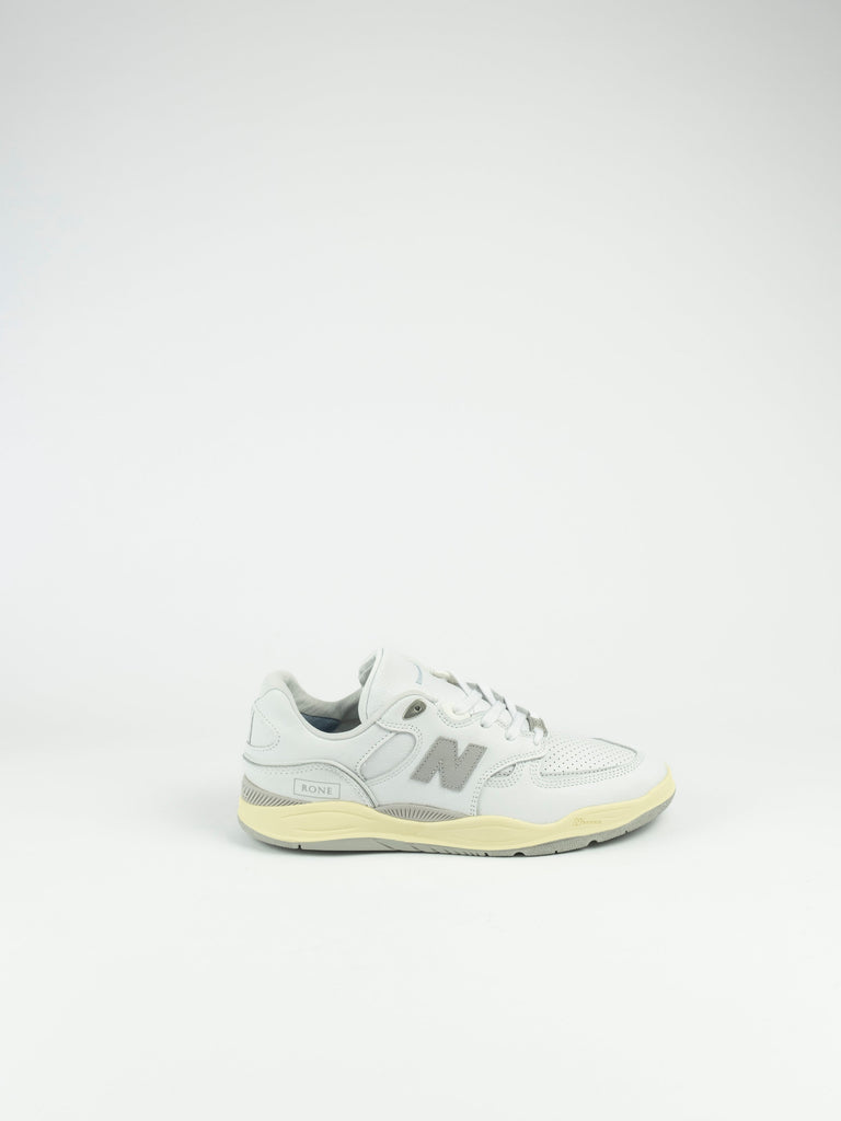 White and gray New Balance Tiago Lemos Pro shoe with pale yellow sole from Rone Collab