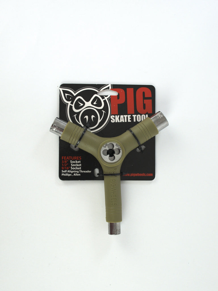 Y-shaped Pig Wheels multi tool in olive green packaging for wheels PG multi convenience