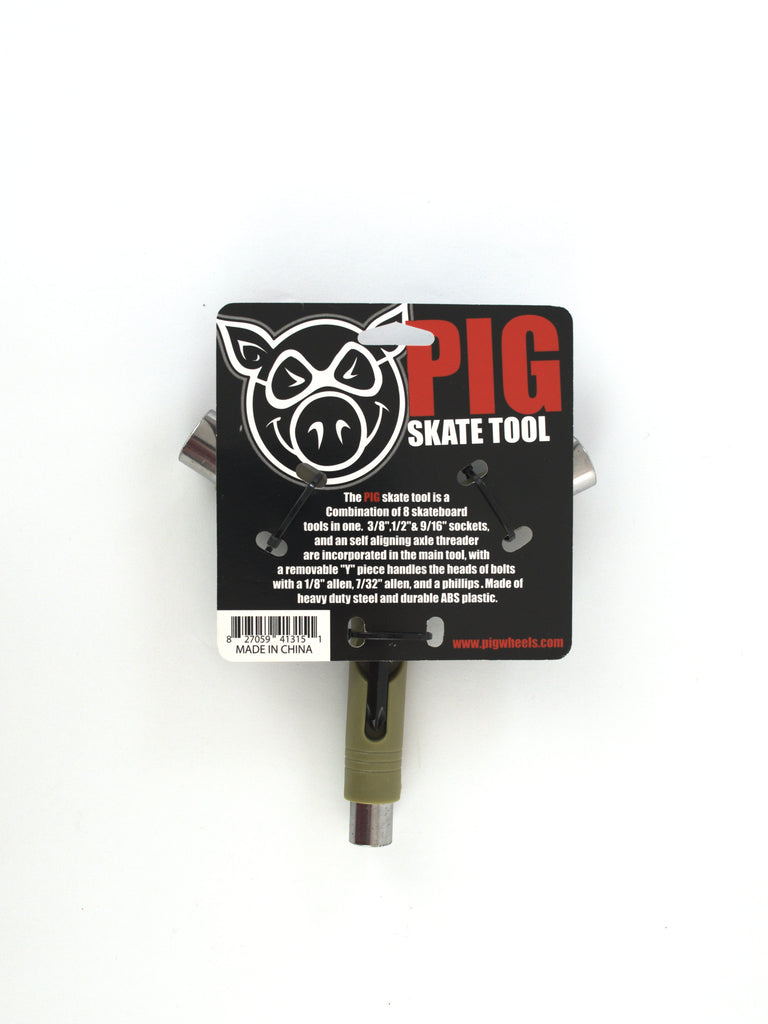 Skateboard multi-tool with Pig Wheels logo on Olive packaging for wheels Pg Multi