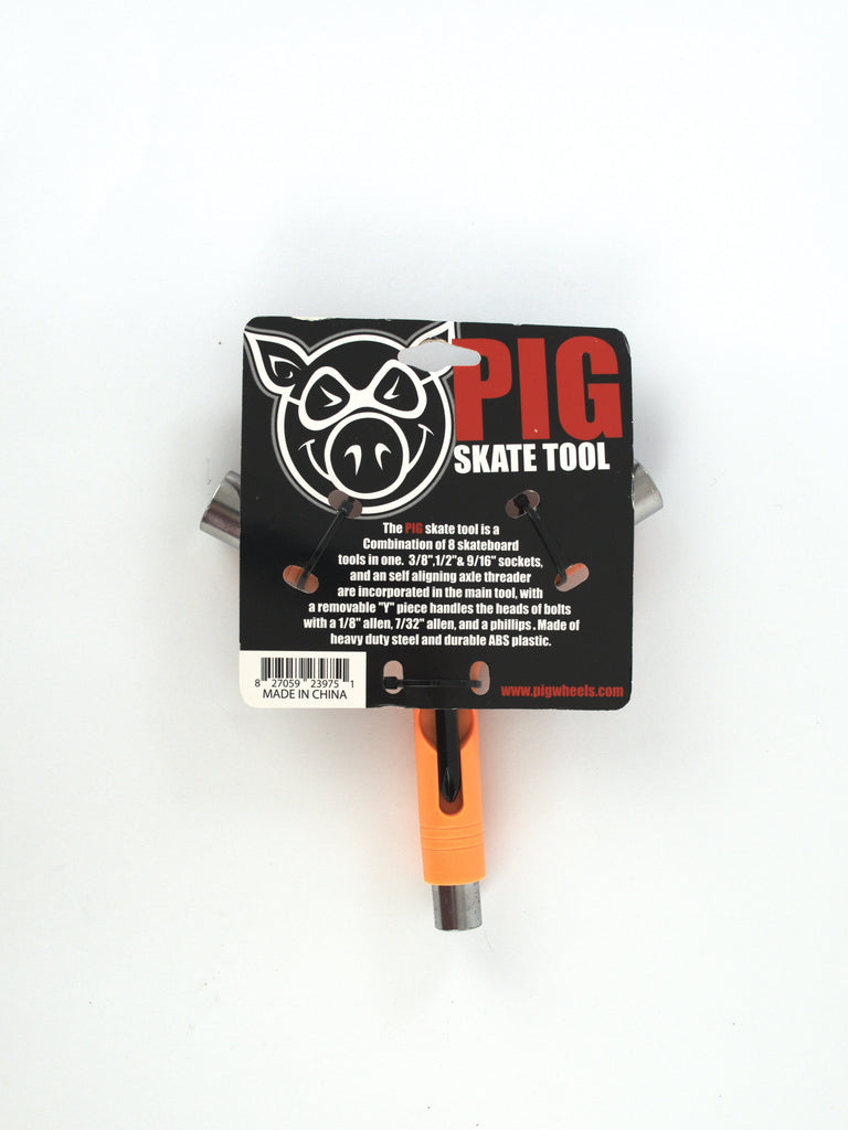 Skateboard multi tool with Pig Wheels logo and orange handle for grind supply