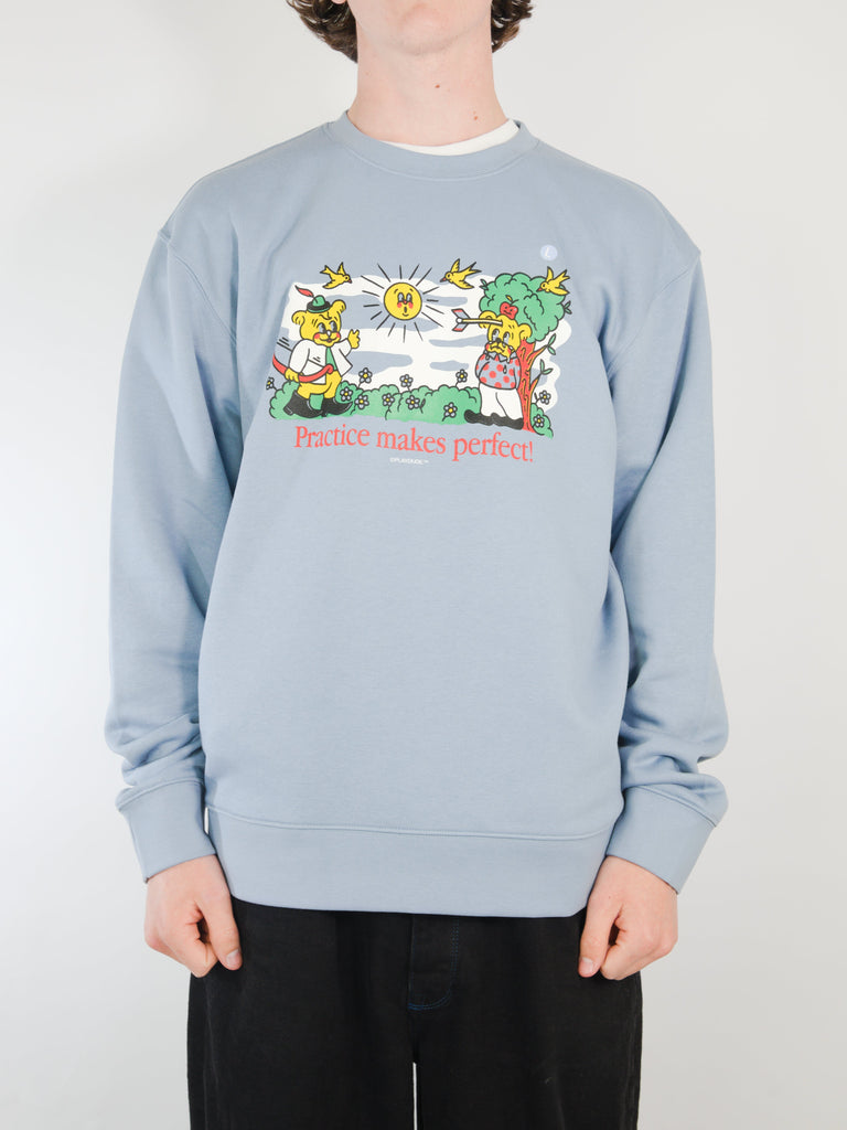 Light blue crew neck sweater featuring colorful cartoon design and text Practice Makes Perfect