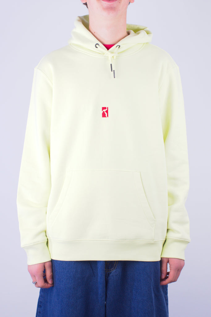 Pale yellow heavyweight organic cotton hoodie by Poetic Collective Blaze with red logo