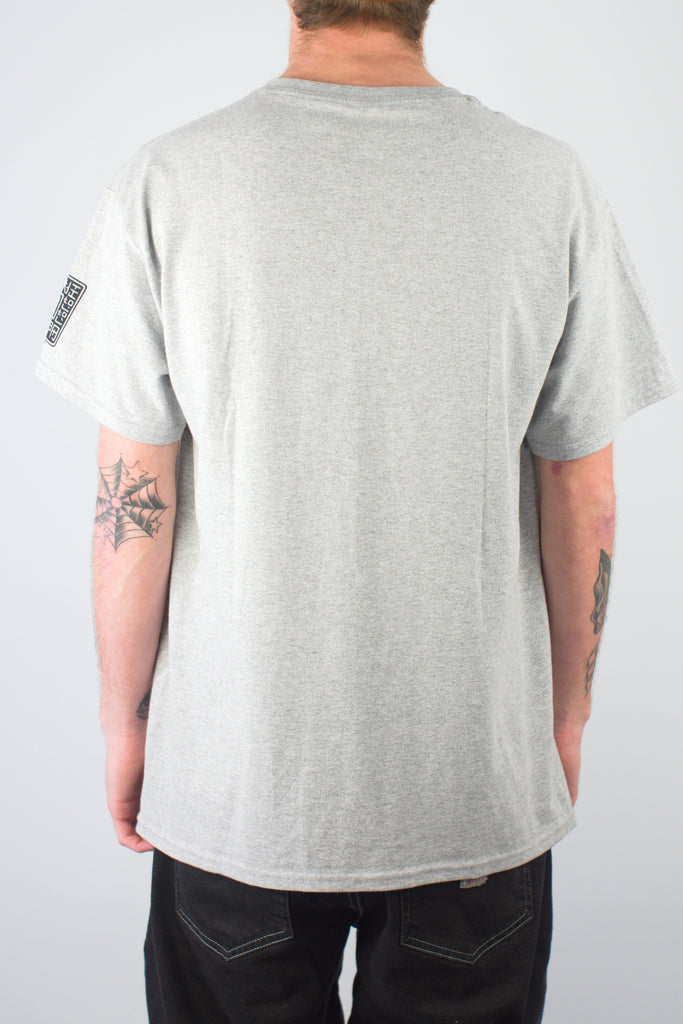 Plain gray Powell Peralta Animal Chin T-shirt worn by tattooed individual