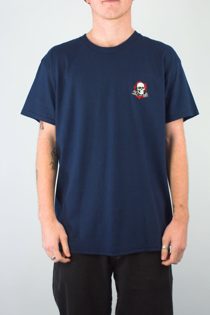 Navy blue Powell Peralta Support Your Local Skateshop T-shirt with skull logo