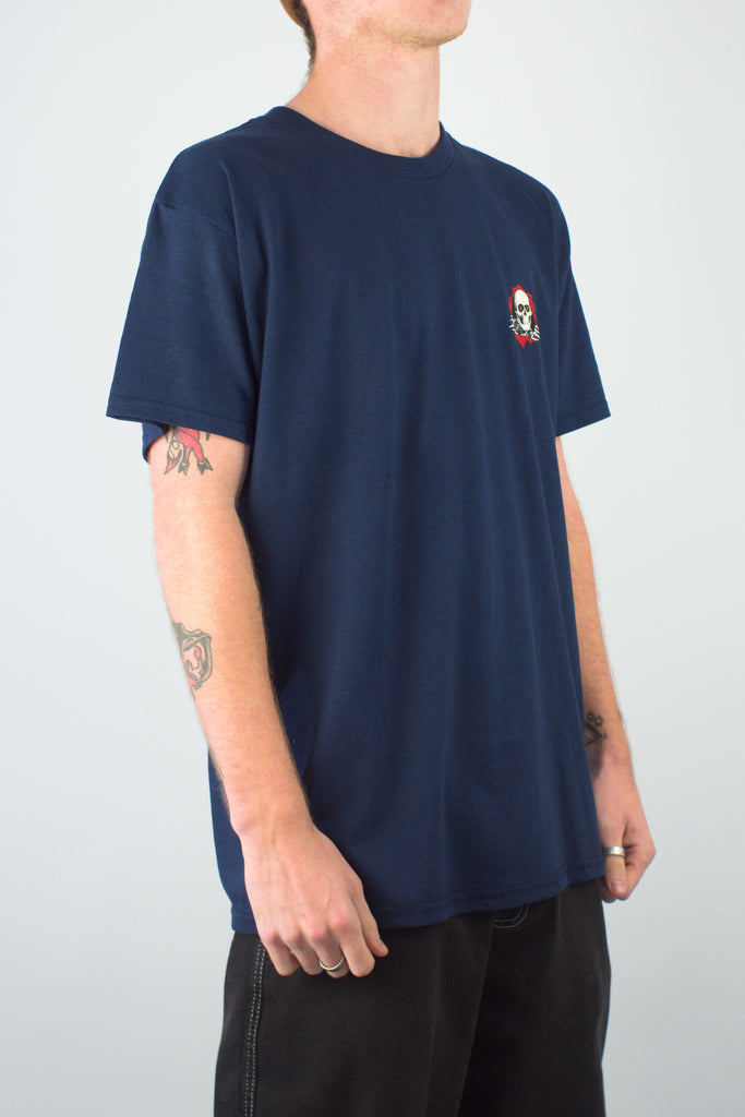 Navy blue Powell Peralta Support Your Local Skateshop tee with colorful logo