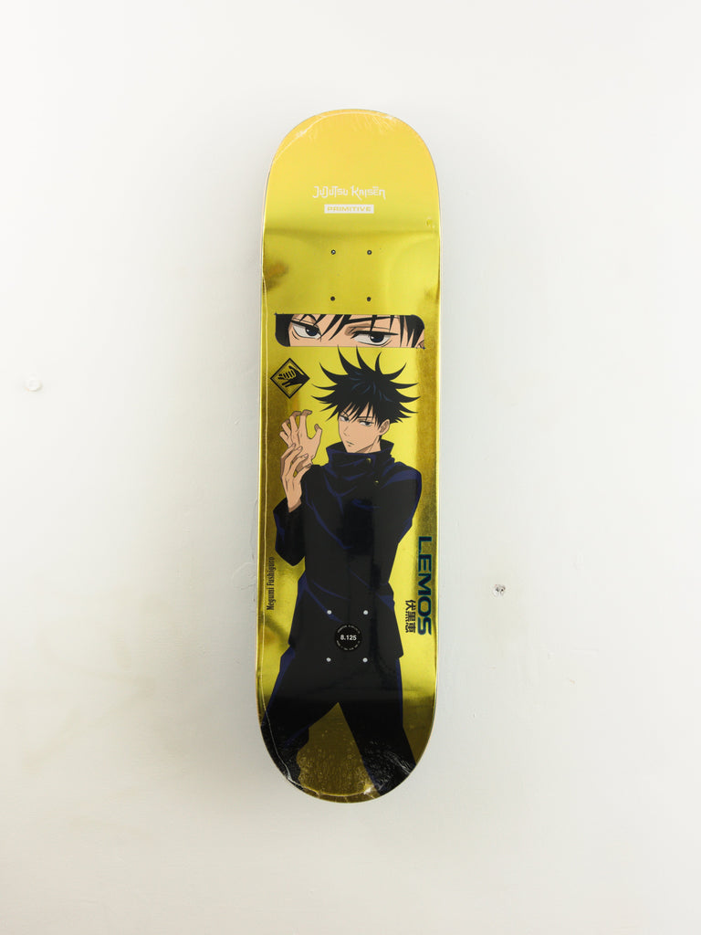 Yellow skateboard deck featuring anime-style artwork of a character in black clothing against a yellow background.