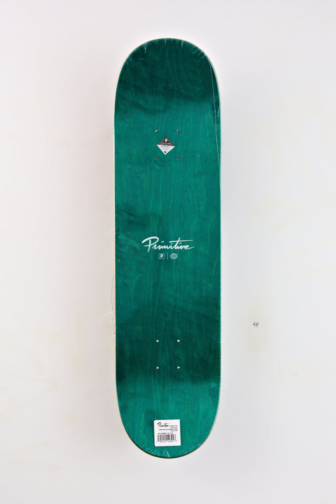 Green Primitive Nuevo Script skateboard deck featuring Team Graphic design