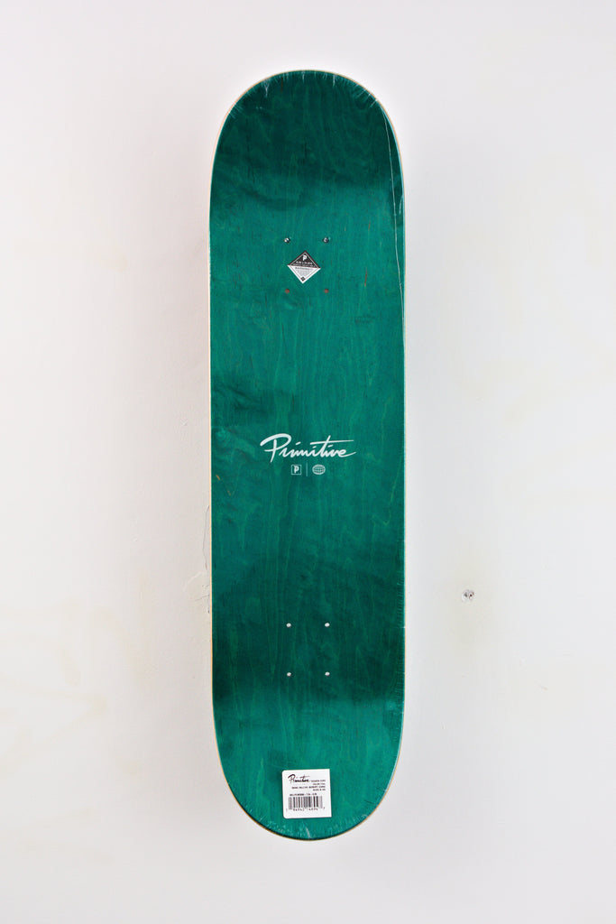 Green skateboard deck with a minimalist logo design.