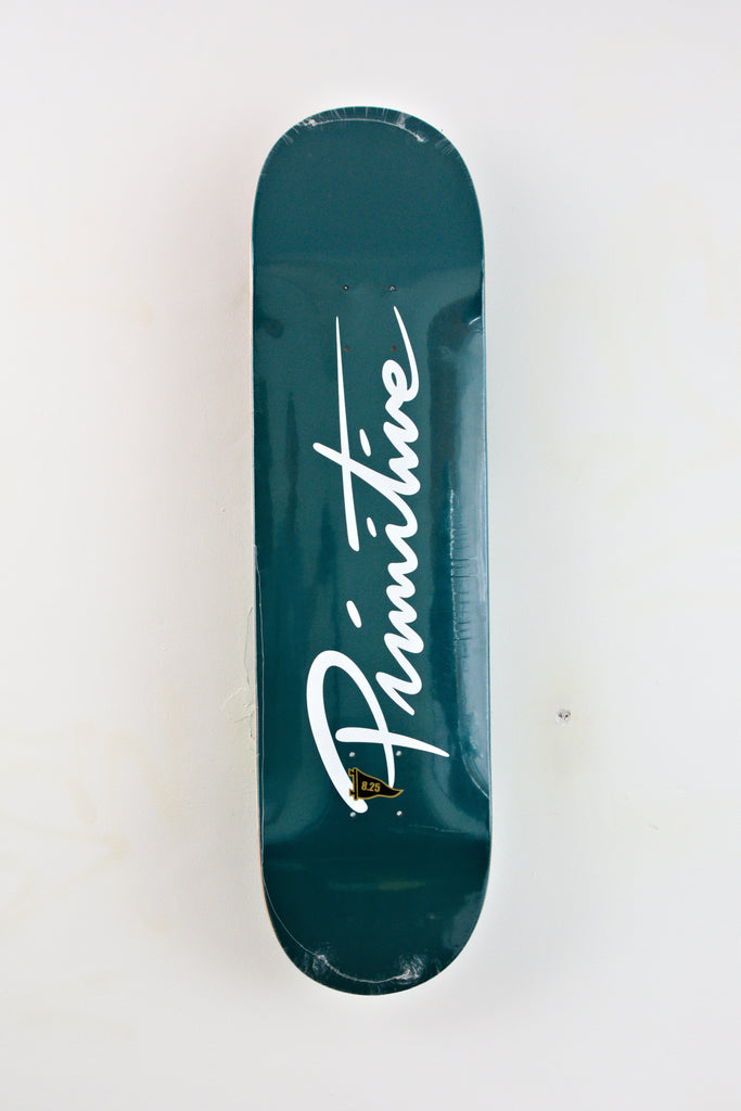 Teal skateboard deck with white script lettering.