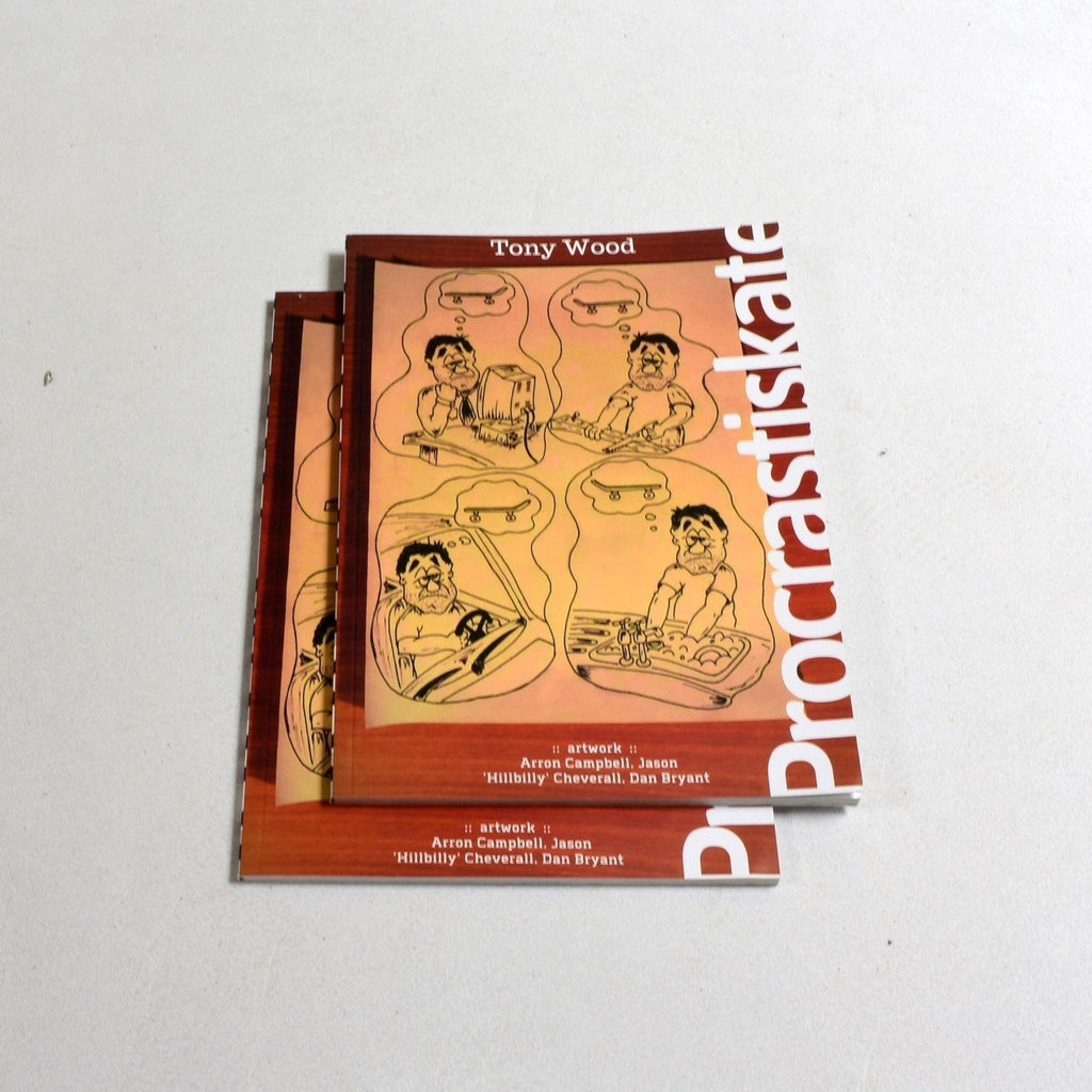 Book titled ’Procrastiskate’ by Tony Wood with cartoon illustrations on the cover showing various skateboarding scenarios.