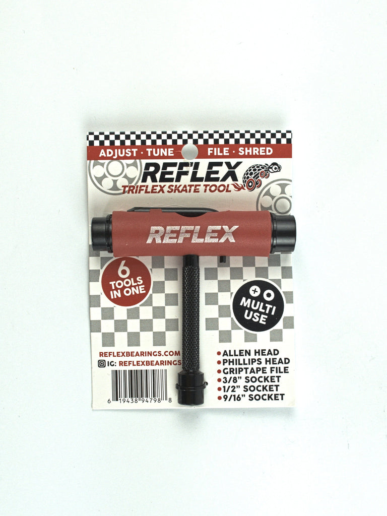 Red and black Reflex Triflex skate tool offering six functions for skateboard maintenance