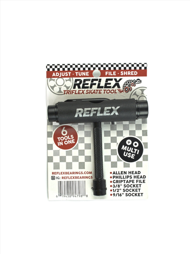 T-shaped Reflex Triflex six-in-one skate tool with multiple socket attachments in black