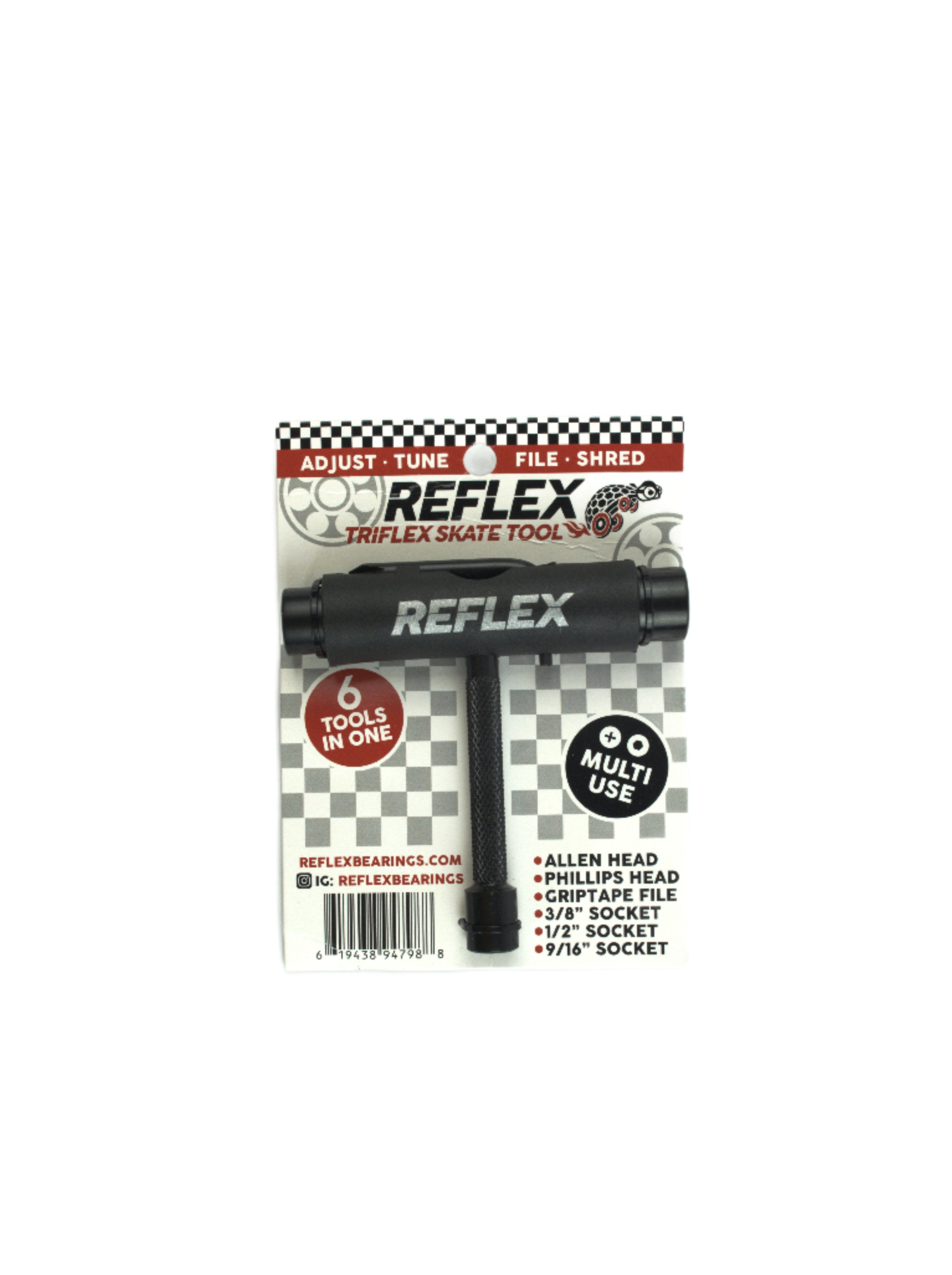 Reflex - triflex - six in one - skate tool - black t-shaped skateboard tool