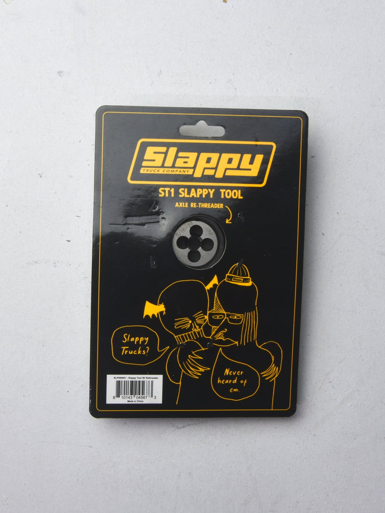 Black retail packaging for a ’Slappy’ brand tool with yellow text and cartoon illustrations.