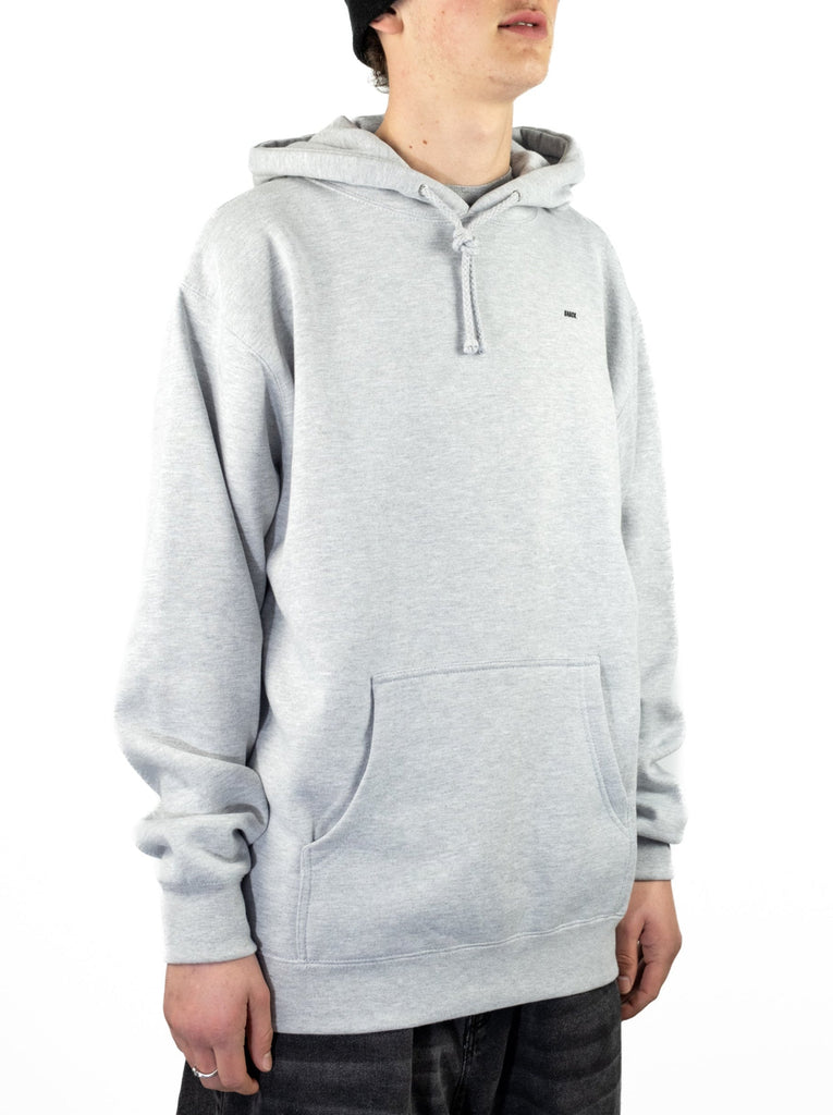 Light gray heavyweight cotton hoodie with front pocket and drawstring hood from Snack Skateboards