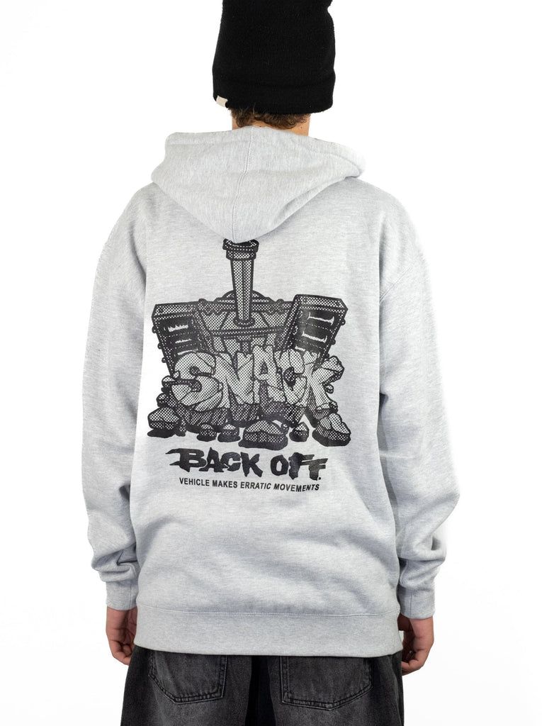 Snack skateboards - ’back off’ - heavyweight 10 oz cotton hoodie - heather grey grind supply company uk