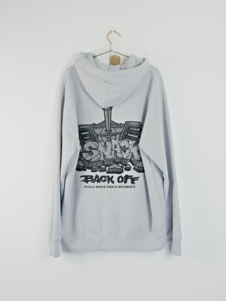 Snack skateboards - ’back off’ - heavyweight 10 oz cotton hoodie - heather grey grind supply company uk