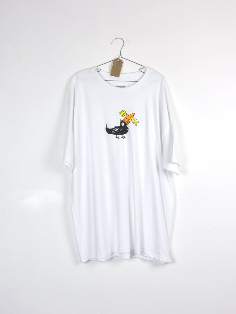 White t-shirt with a small whale and crown graphic design.